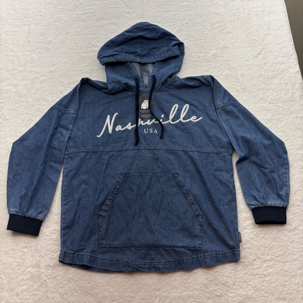 Spirit Jersey Nashville USA Denim Hoodie Blue Lower Broadway Embroidered Small